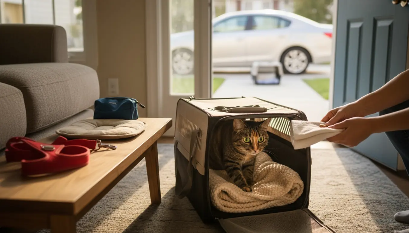 Hænder forsigtigt lokker en kat i en transportkasse ved entréen, med sele og tæppe klar.