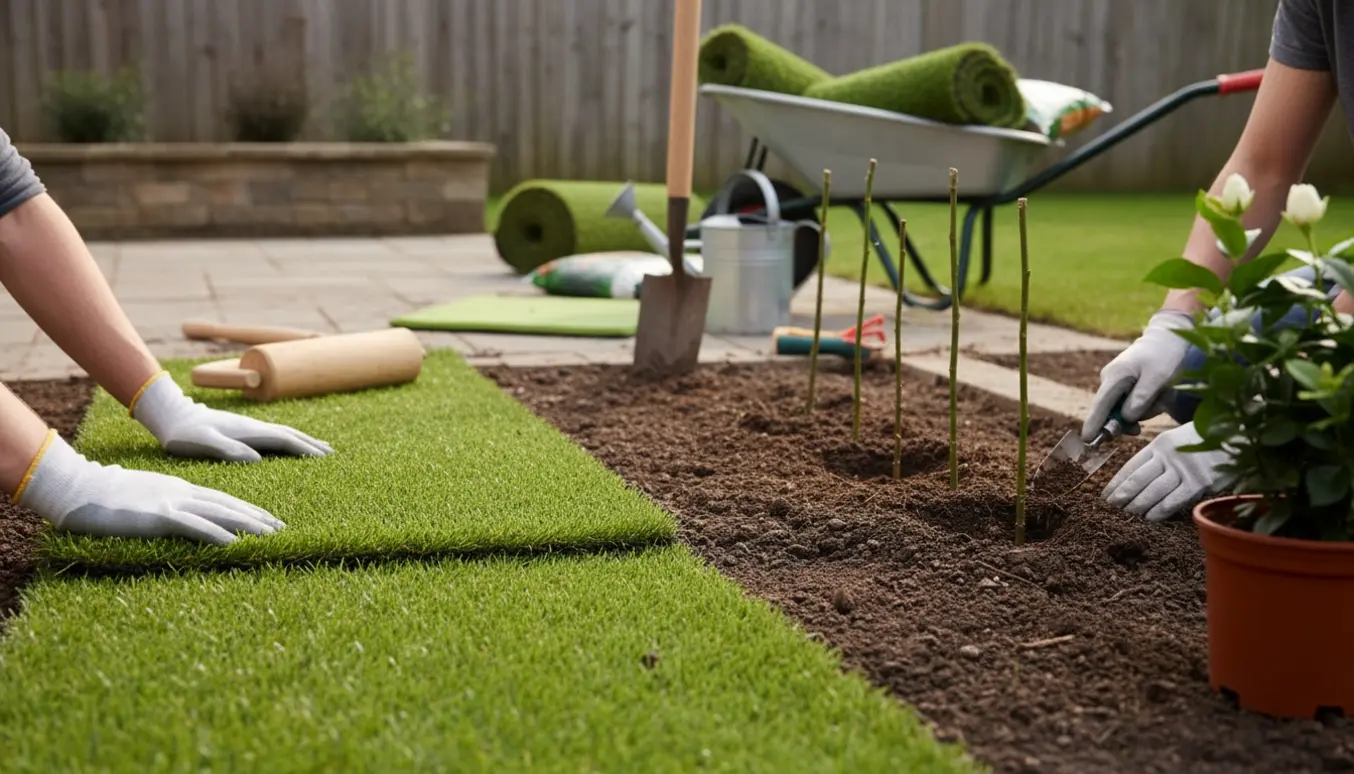 Nærbillede af nyt græstæppe under rulning og handske-klædte hænder, der planter roser og jasmin.