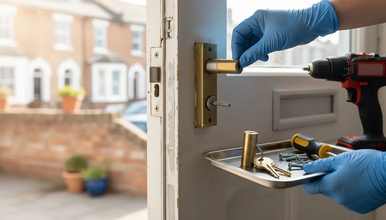 Hænder udskifter låsecylinder i hoveddør på et rækkehus med værktøj lagt ved siden af.