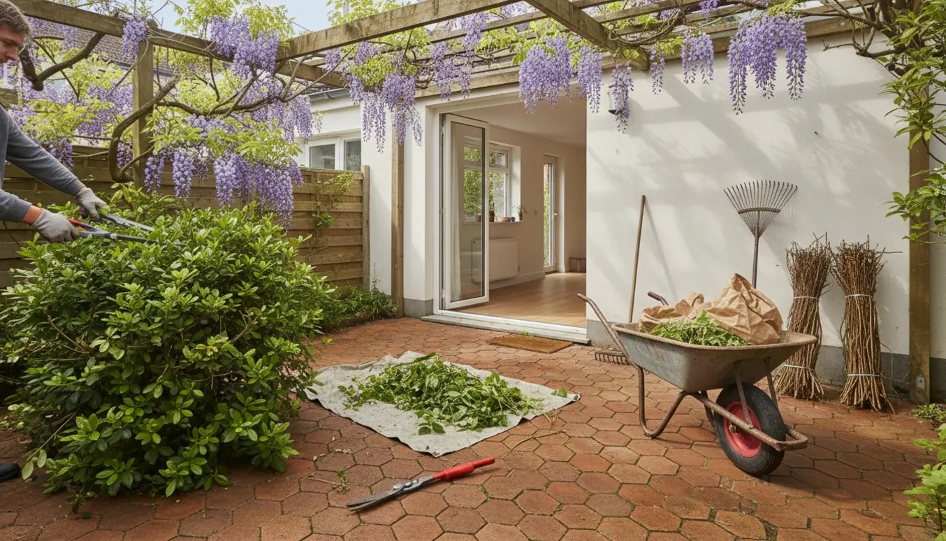 Person beskærer buske og fjerner blåregn i en lille flisebelagt have med trillebør fyldt med haveaffald.