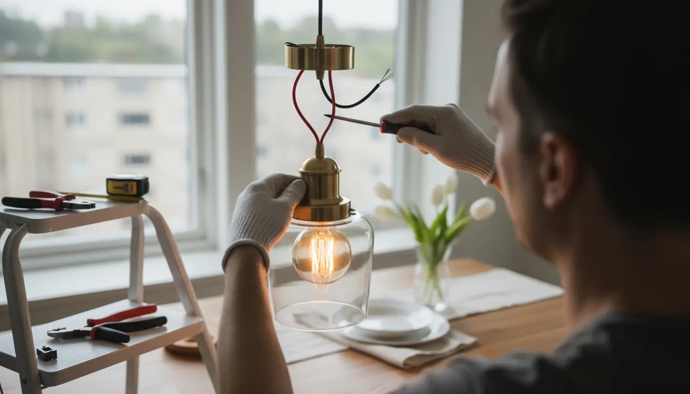 Hænder monterer en loftlampe over et spisebord i en lys, moderne spisestue.