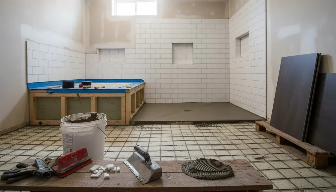 Kælderbadeværelse under renovering med isolering, armeringsnet, nyligt støbt gulv, vådrumssikring og fliser klar til montering.