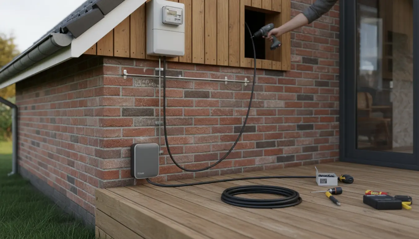 Installatør fastgør kraftigt kabel fra målerboks på 1. sal langs mur ned til ladeboks ved træterrasse.