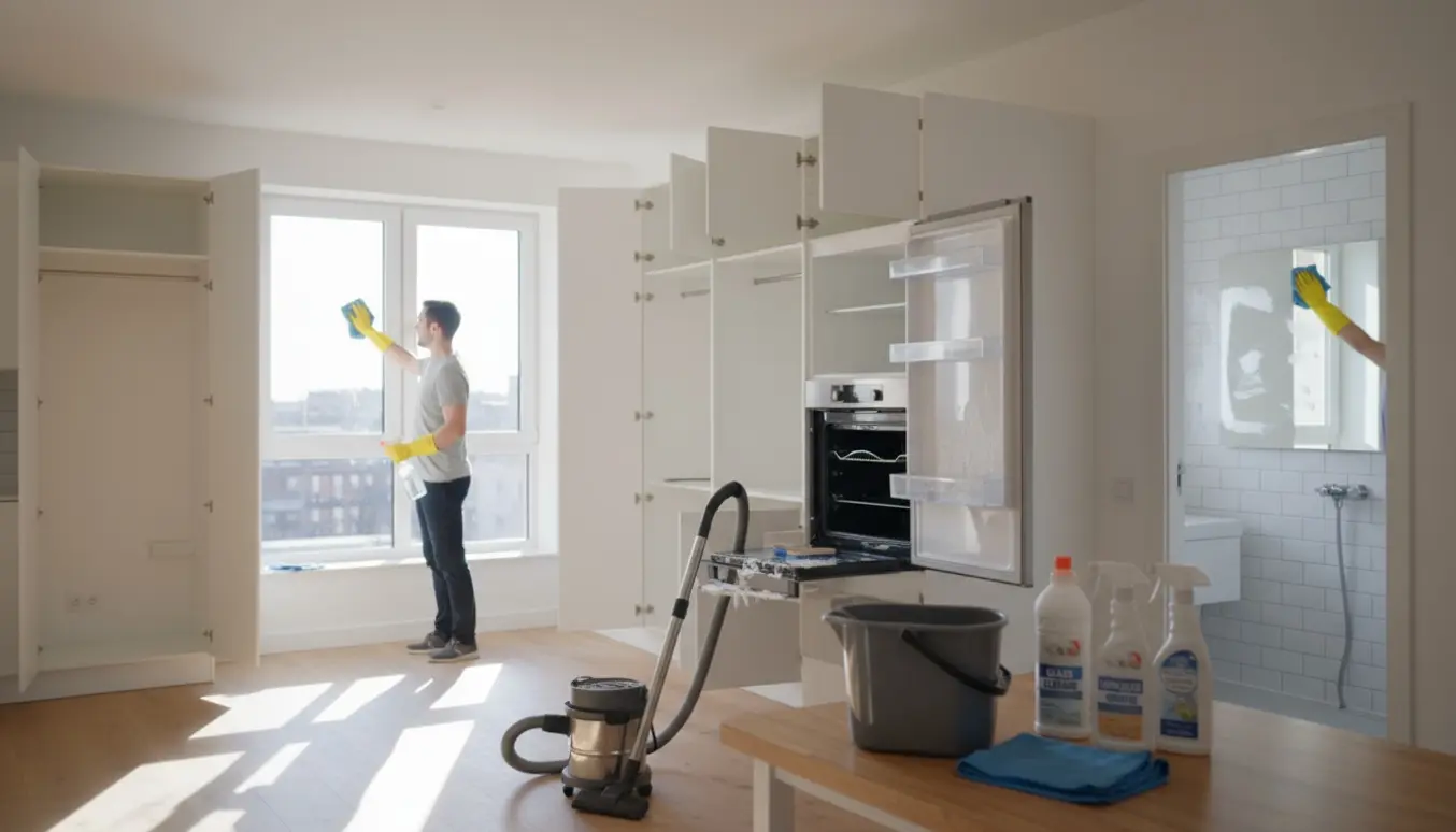 Hænder i gummihandsker pudser vindue i lejlighed med rengøringsudstyr og åbent køkken klar til udflytningsrengøring.