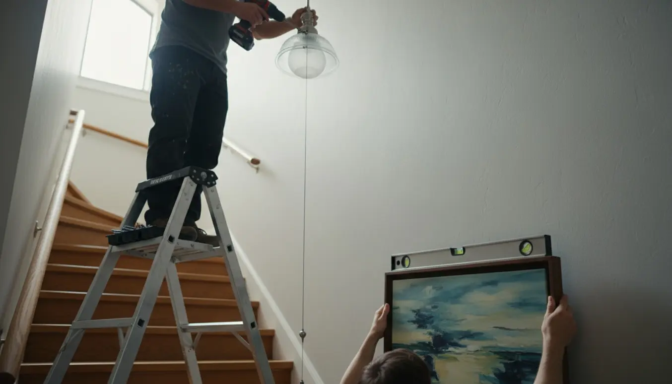 Et højt trappeafsnit hvor en lampe og et billede bliver ophængt, med synlige hænder og værktøj, uden ansigter.