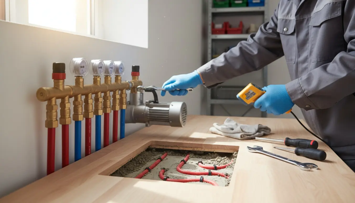 Nærbillede af et gulvvarmesystem med fordelerskab og en tekniker, der måler temperatur ved et åbent servicelåg.