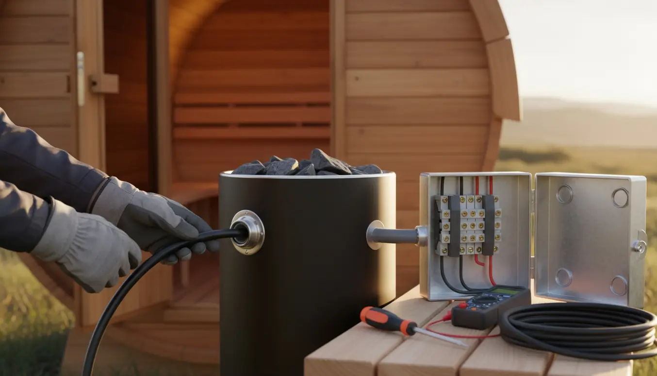 Handskerede hænder fører en kraftig kabel ind i en elektrisk saunaovn i en udendørs træsauna.