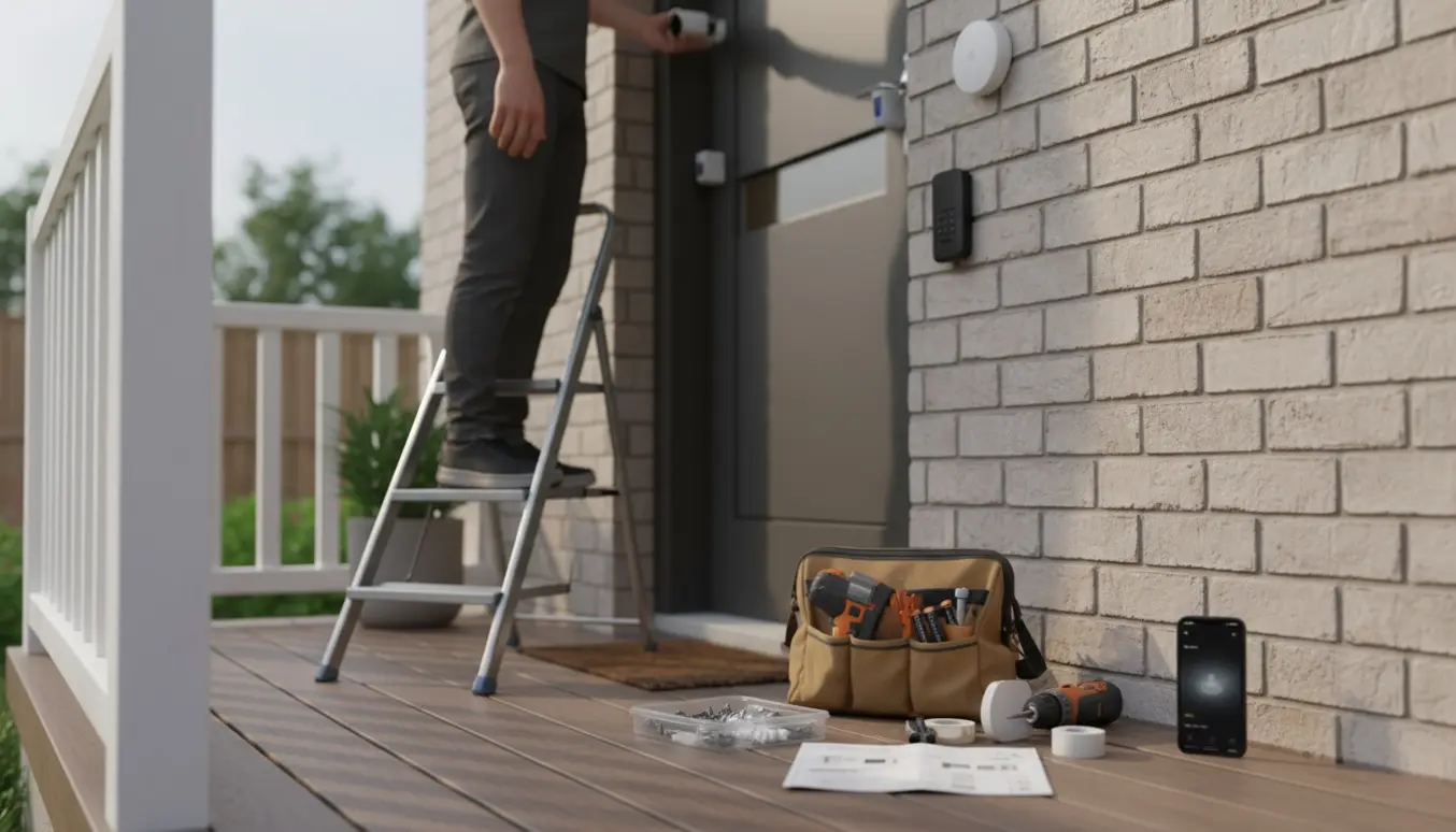 Opsætning af hjemmets sikkerhedsudstyr ved hoveddøren med kamera, keypad, sirene og bevægelsessensorer.