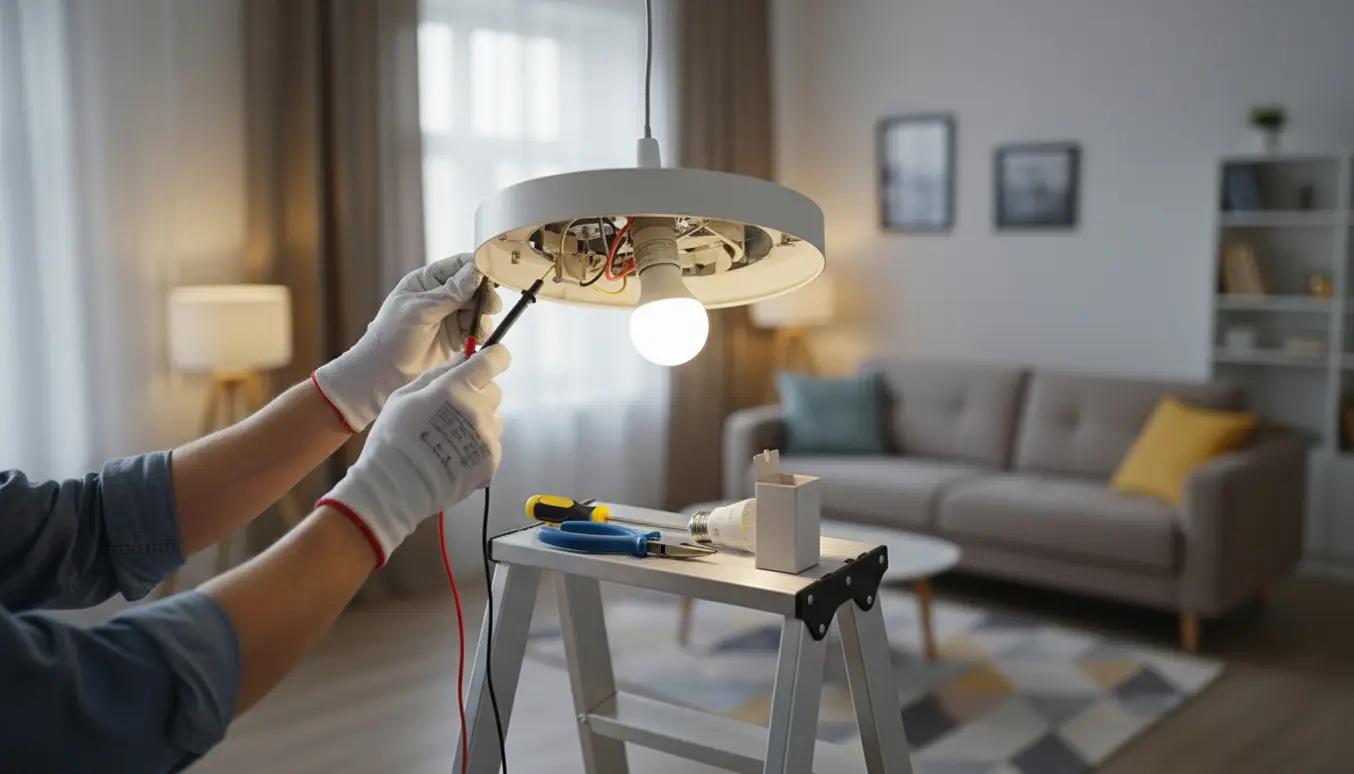 Handskerede hænder tester en blinkende loftslampe med multimeter og værktøj på en stige i en stue.