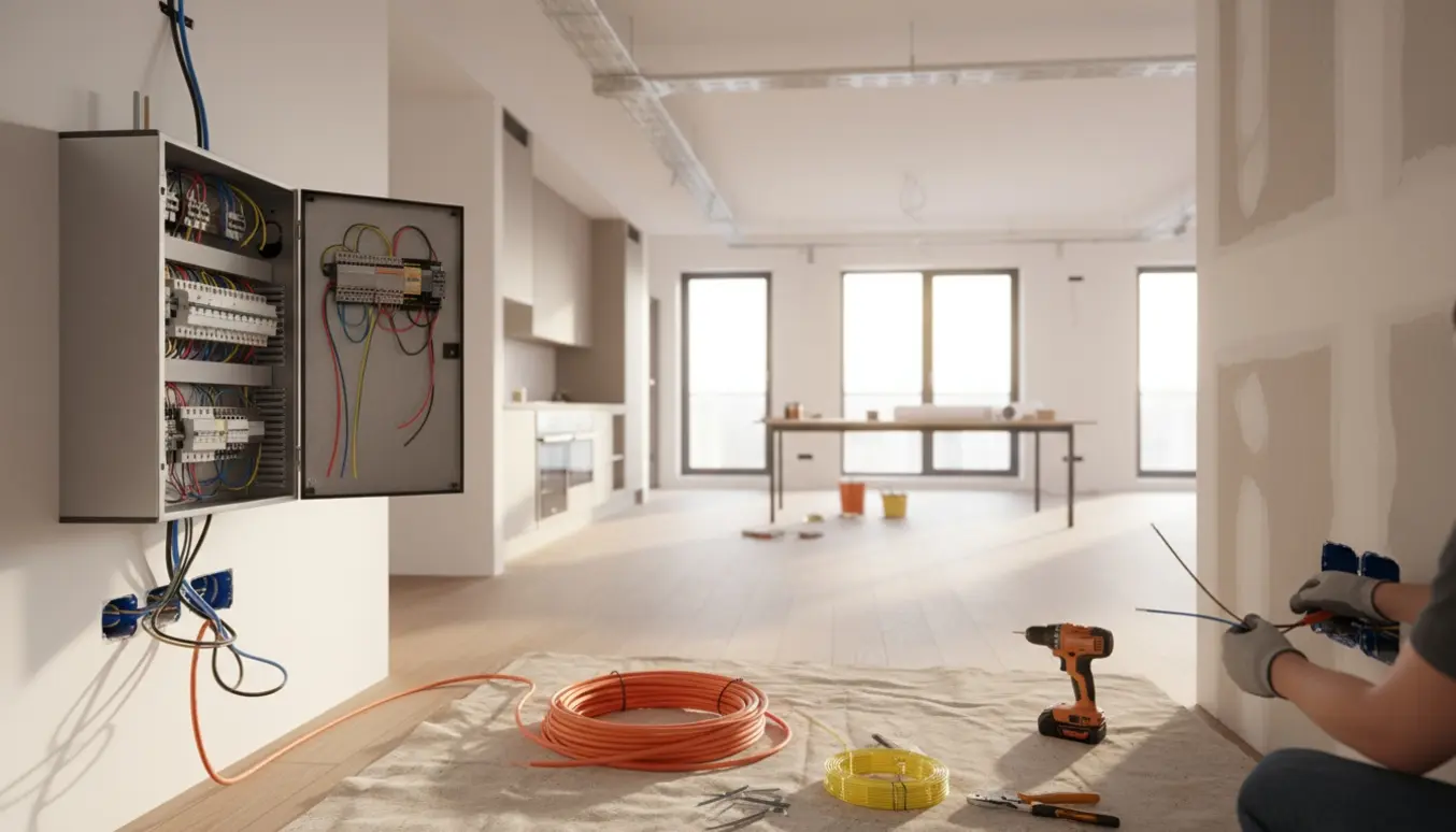 Elektrikers hænder forbinder kabler ved en åben gruppetavle i en lys, nyrenoveret lejlighed.