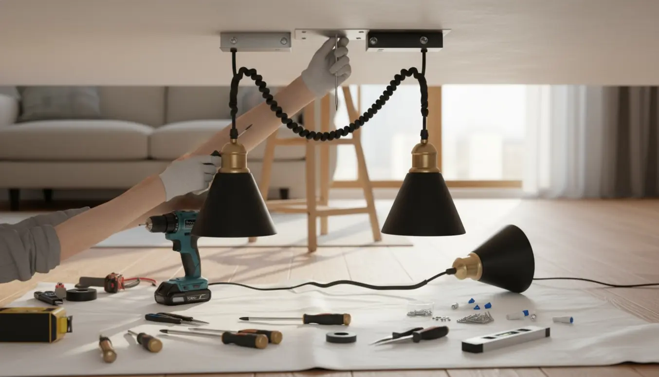 Nærbillede af hænder, der monterer et alternativt beslag til to loftslamper med værktøj og materiale omkring.