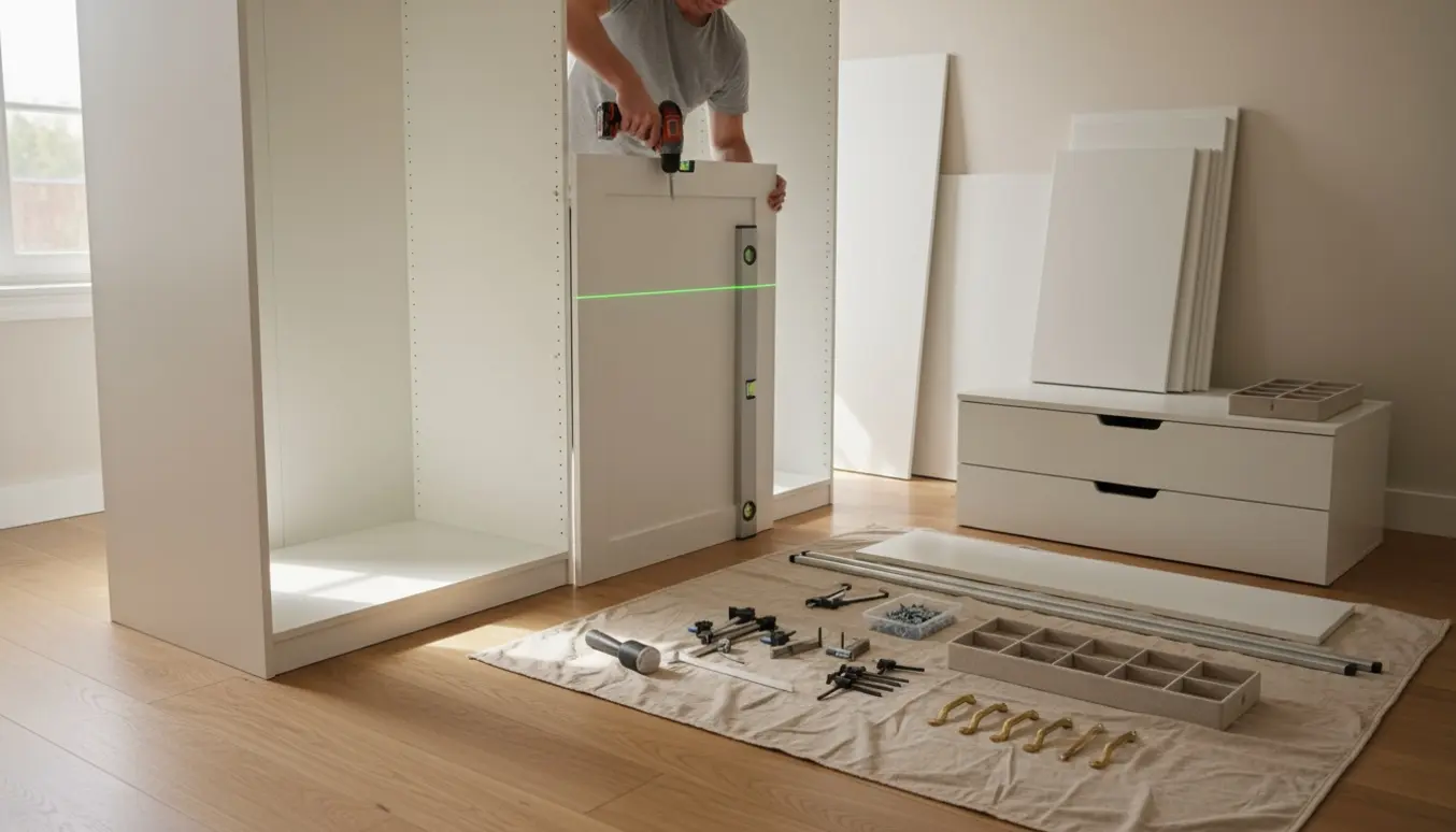 To personer monterer et højt modulskab; den ene løfter en sektion, den anden justerer en dør med laser og vaterpas.