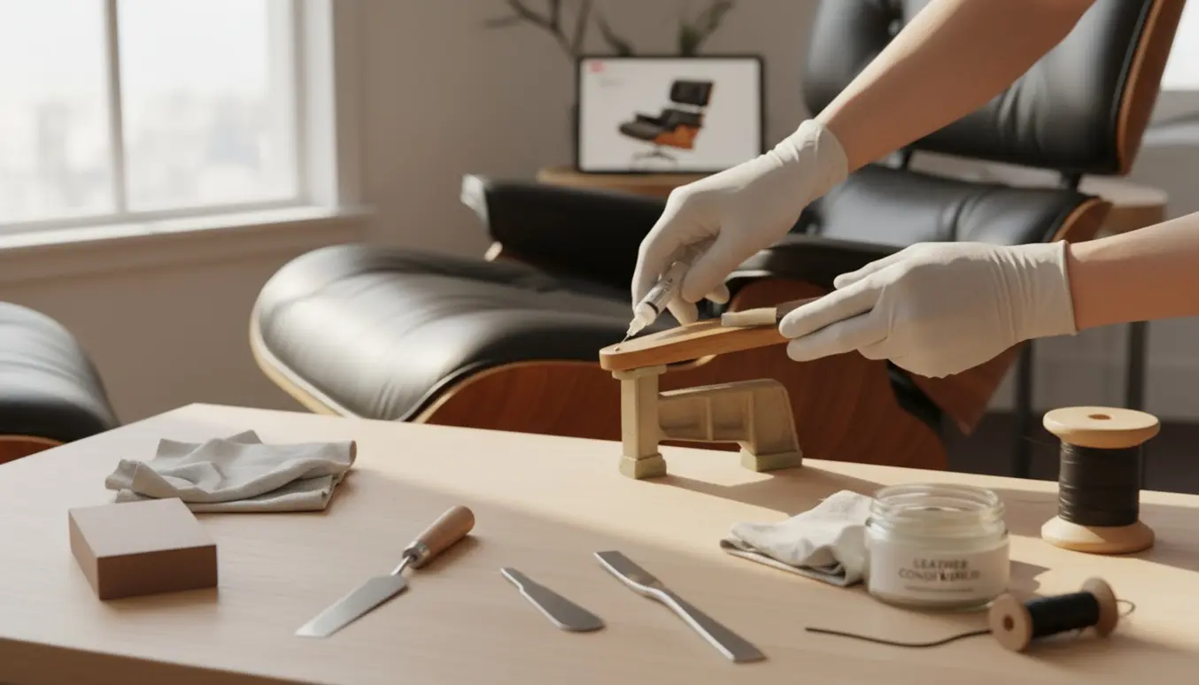 Nærbillede af en Charles Eames-lænestol under reparation, hvor armstøtten limes og holdes med en klemme på et lyst værkstedsbord.