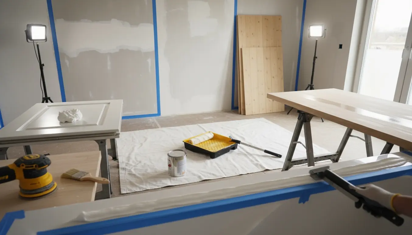 Istandsættelse af bolig med malerværktøj, fuge ved badekar, slebet bordplade og spartlet yderdør.