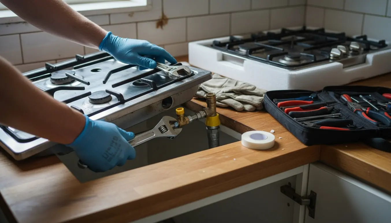 En tekniker frakobler en gammel gaskogeplade under køkkenrenovering, kun hænder og værktøj synlige.