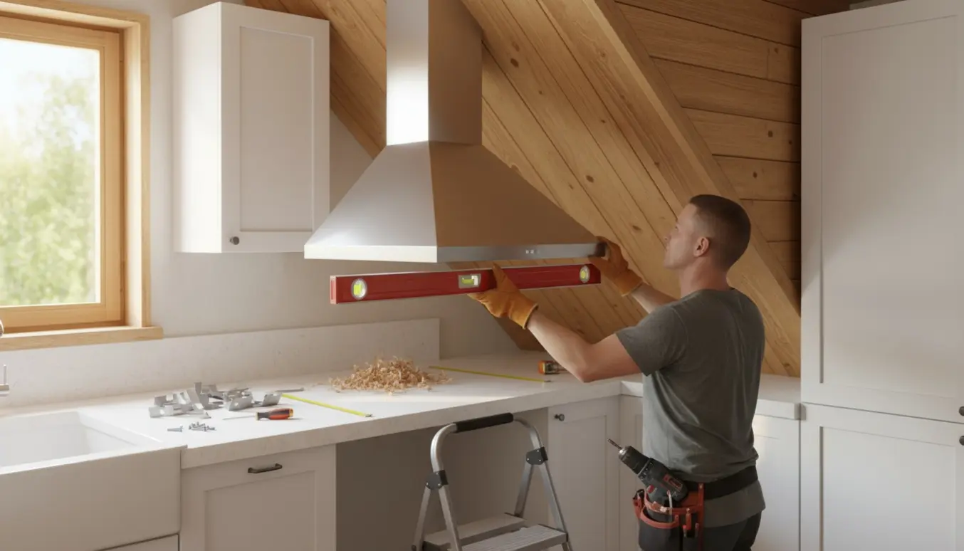Hætteinstallatør tilpasser en forlængelse til en emhætte på et skråt træt loft i et sommerhus.