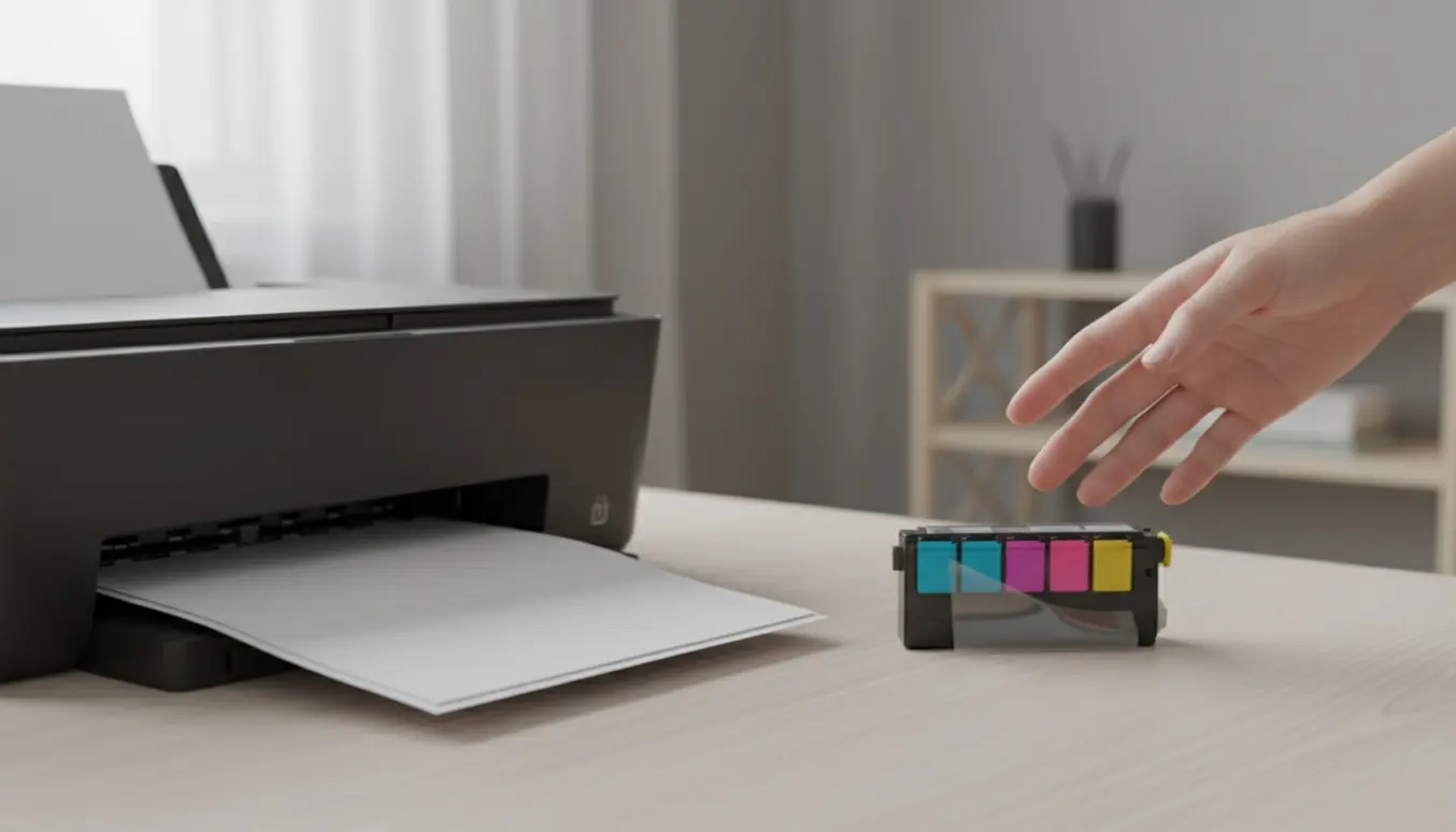 En printer spyr blanke ark ud, med en ny farvepatron ved siden af på et skrivebord.