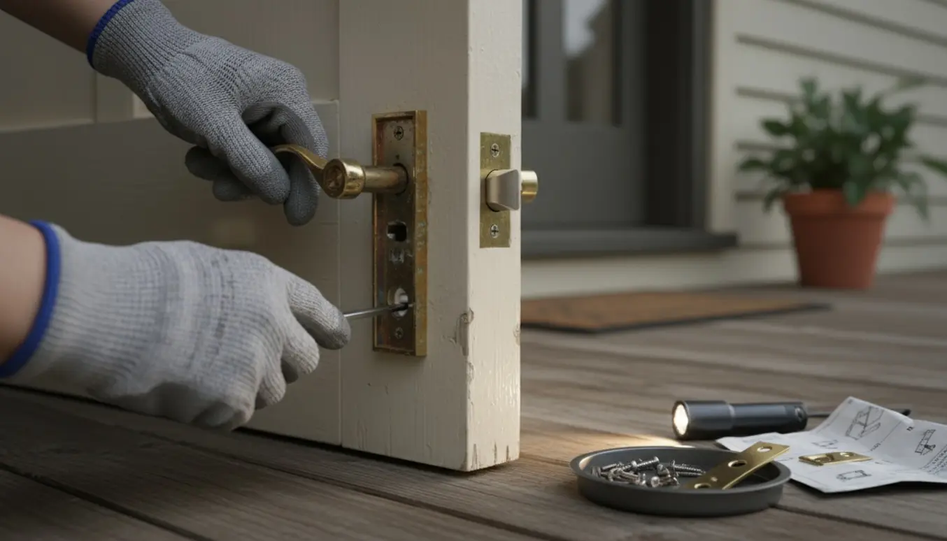 Nærbillede af hænder, der reparerer et defekt dørhåndtag på en yderdør med skruetrækker og løse skruer.