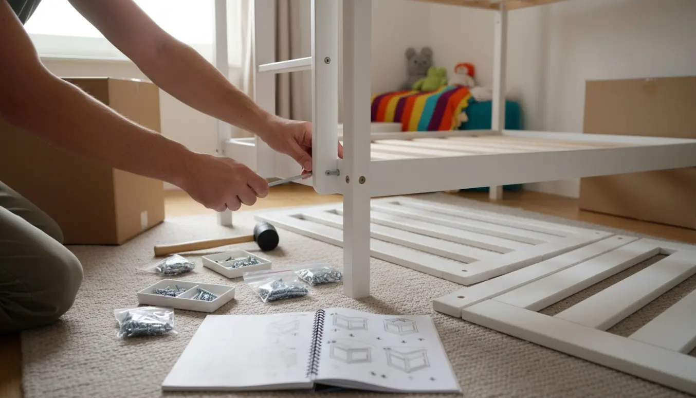 Delvist samlet Småstad-køjeseng i et lyst børneværelse med hænder, der bruger unbrakonøgle og værktøj på gulvet.