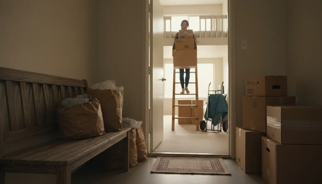 Lejlighedsindgang med en træbænk, sække og flyttekasser, en person bærer kasser op på en hems.