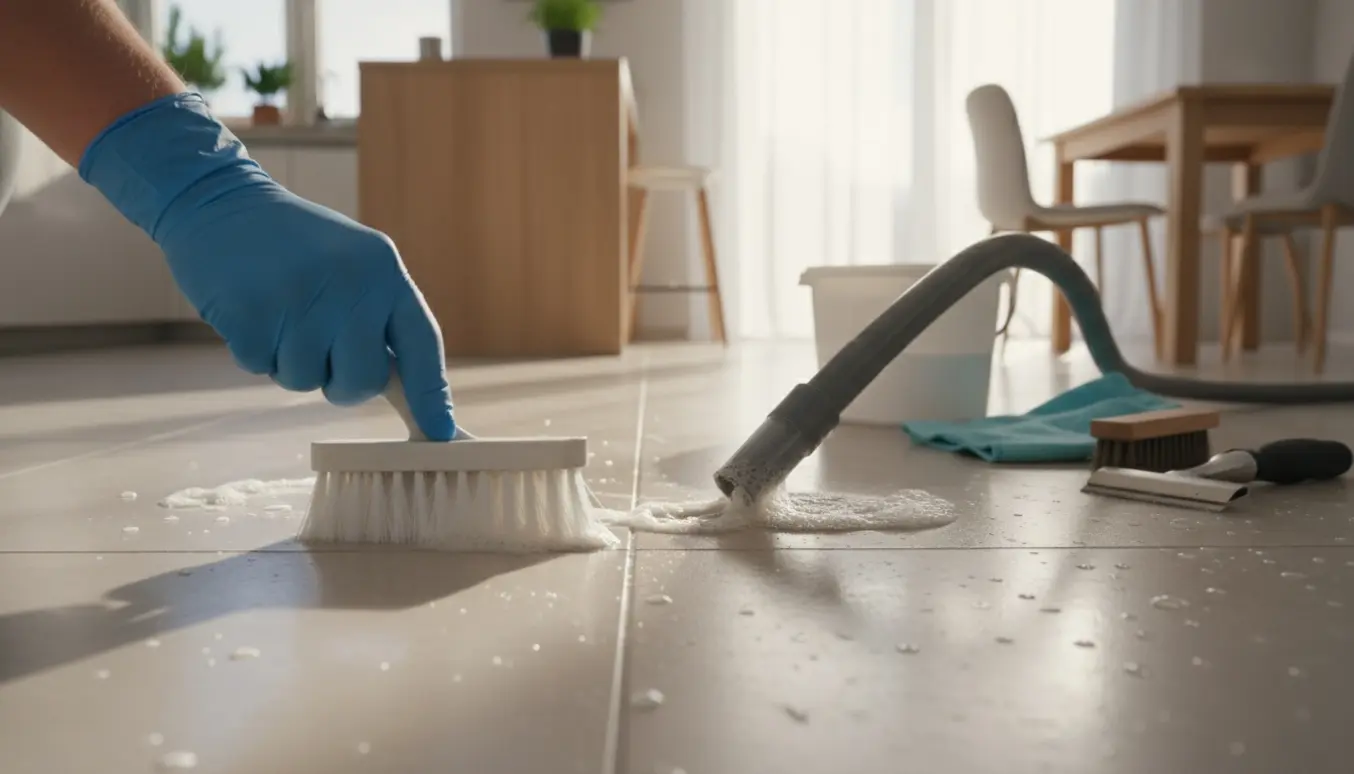 Nærbillede af rengøring af 1 cm brede cementfuger i et lyst køkken-alrum med børste, spand og tydeligt før-og-efter.