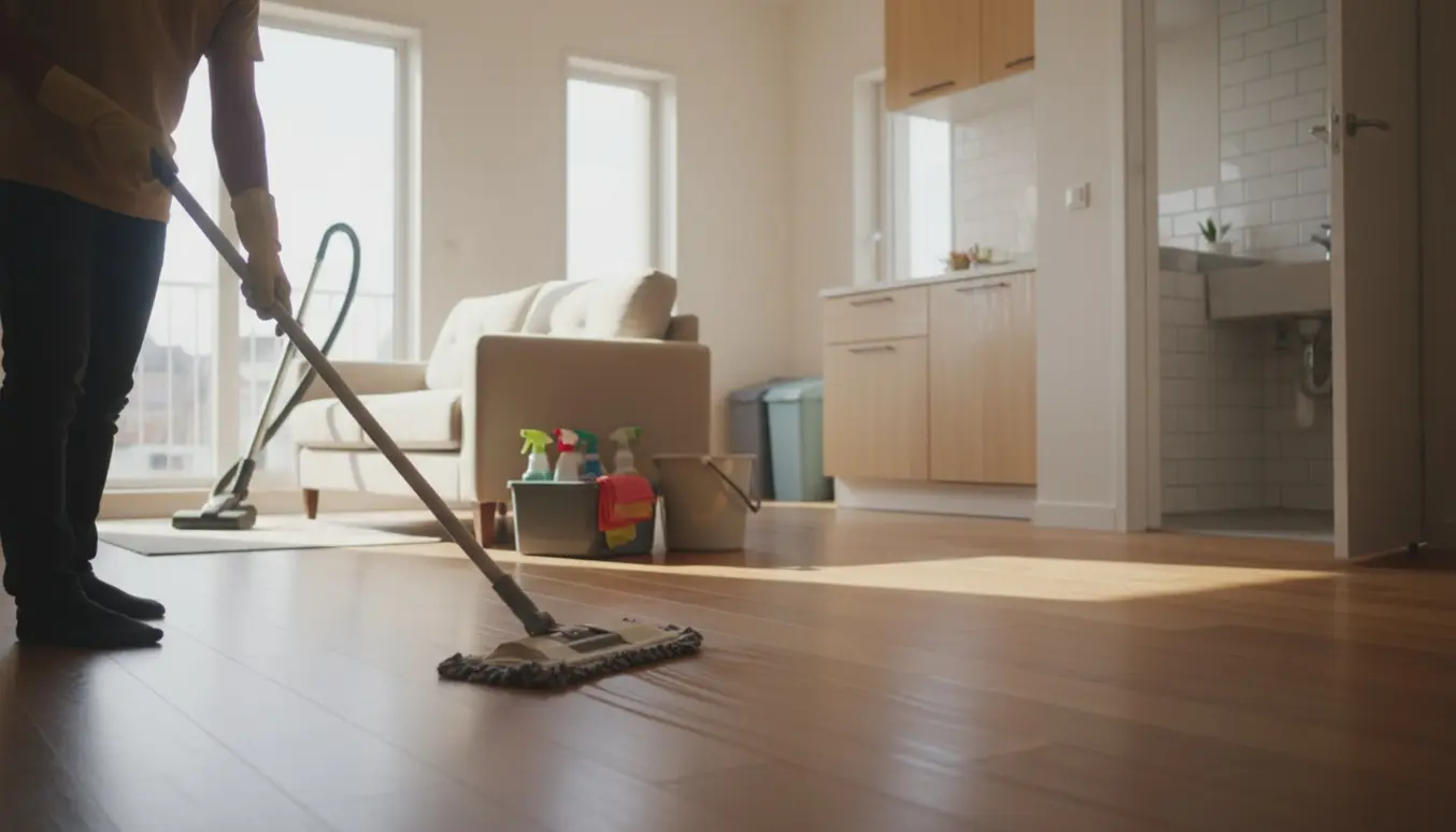 Soloplyst åben stue og køkken med en person, der mopper trægulvet, og rengøringsudstyr i fokus.