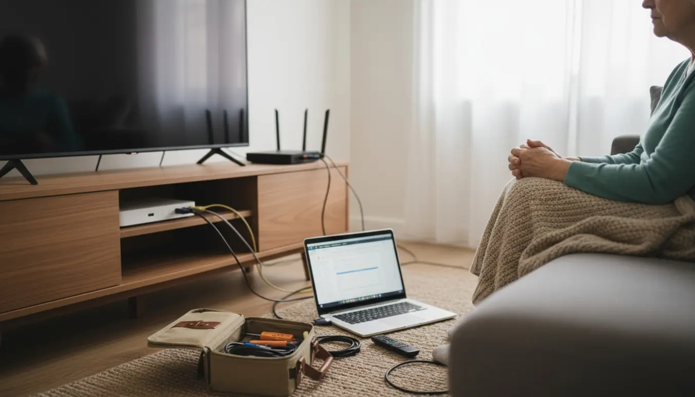 Tekniker justerer router og kabler i en stue under et hjemmebesøg, mens en ældre kvinde sidder i baggrunden.