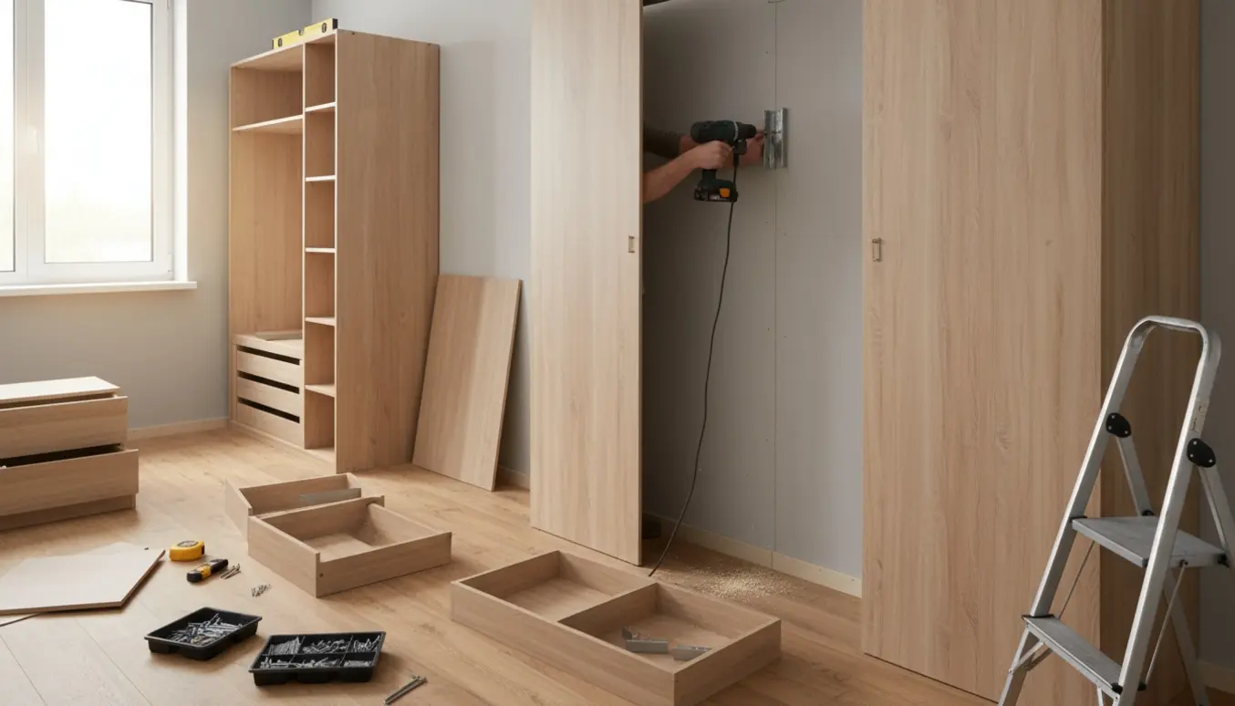 Montering af stor garderobe mod væg med bore-/skruemaskine og vaterpas i et lyst soveværelse.