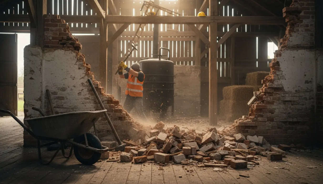 Indersiden af en lade hvor to solide vægge er under nedrivning med murbrokker og et svingende jern.
