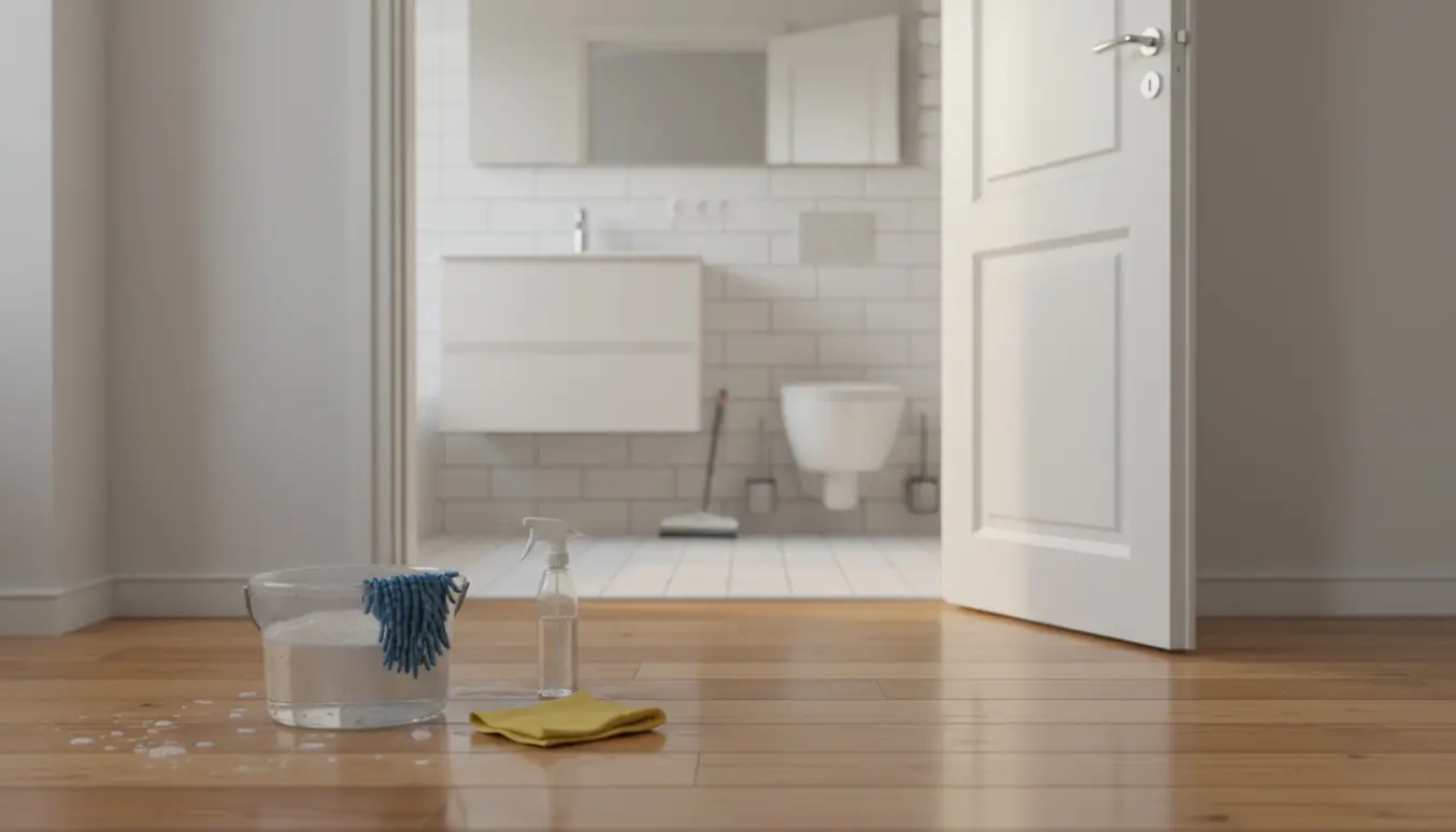 Nyvasket køkken-stuegulv med mop og et skinnende rent badeværelse set gennem en åben dør.