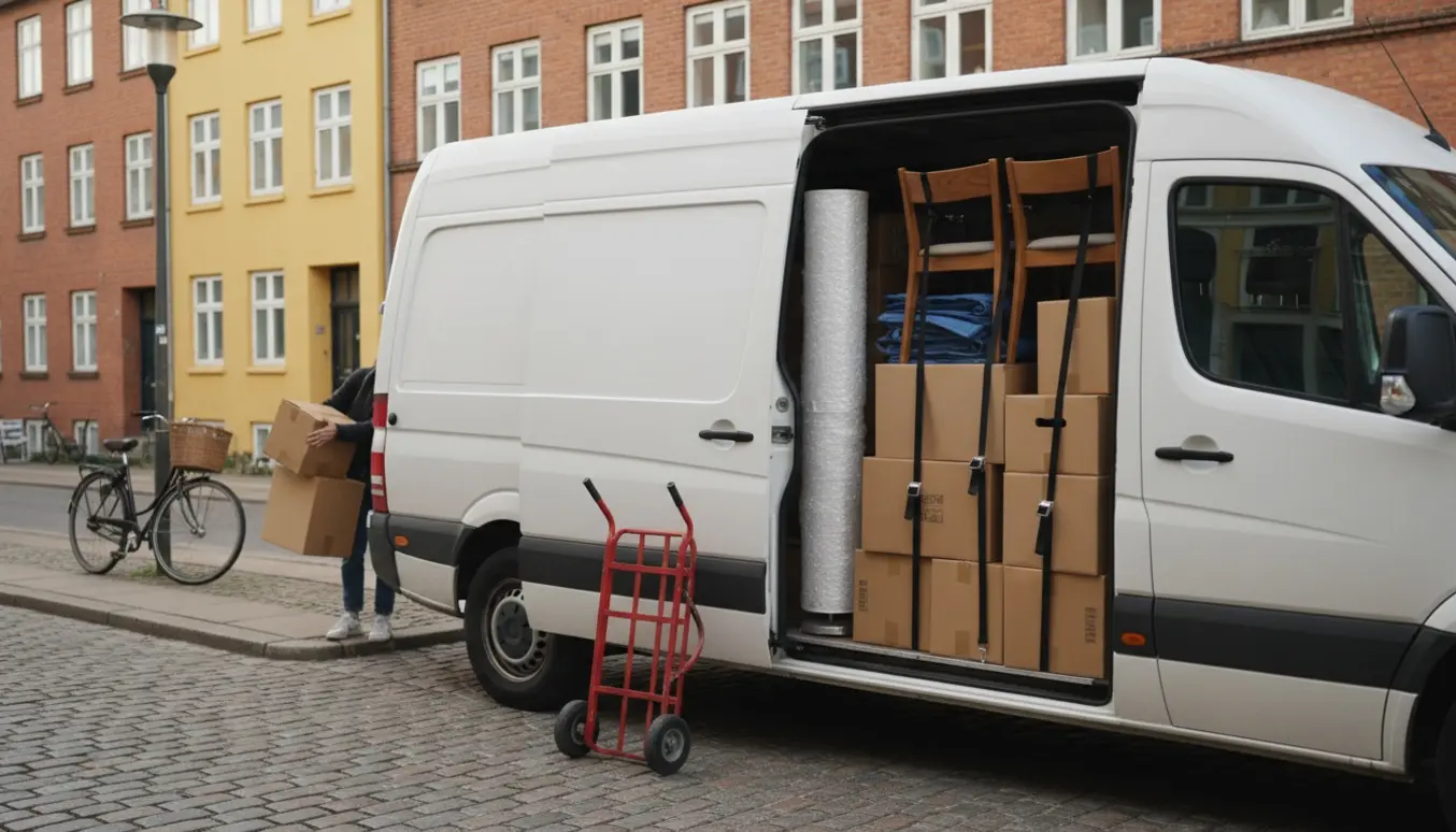Åben varevogn på Nørrebros gade med stabler af flyttekasser, stole og indpakket gulvlampe klar til kørsel.