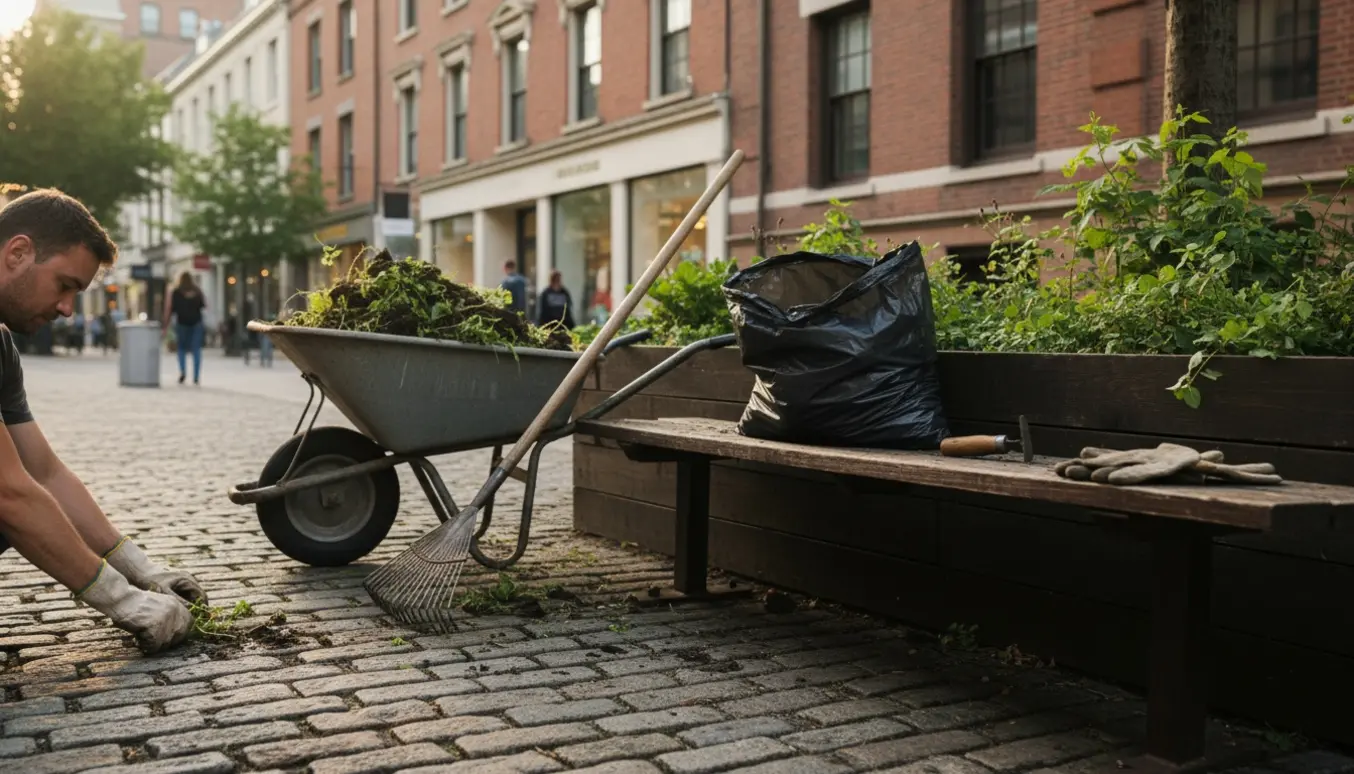Handsker og redskaber fjerner ukrudt mellem brosten foran en ejendom i bymidten.