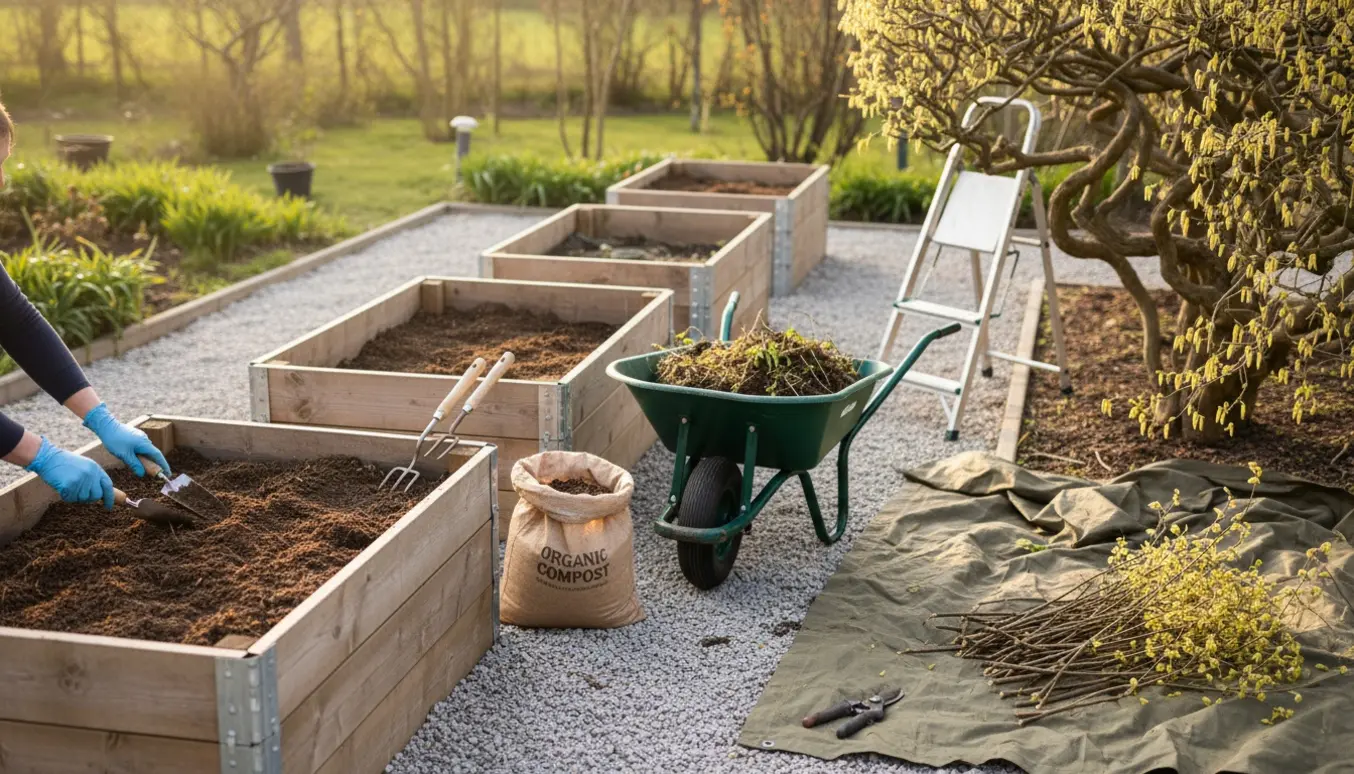Forårsklargøring af have med fire store plantekasser, friskt jordfyld og beskæring af en stor troldhassel.