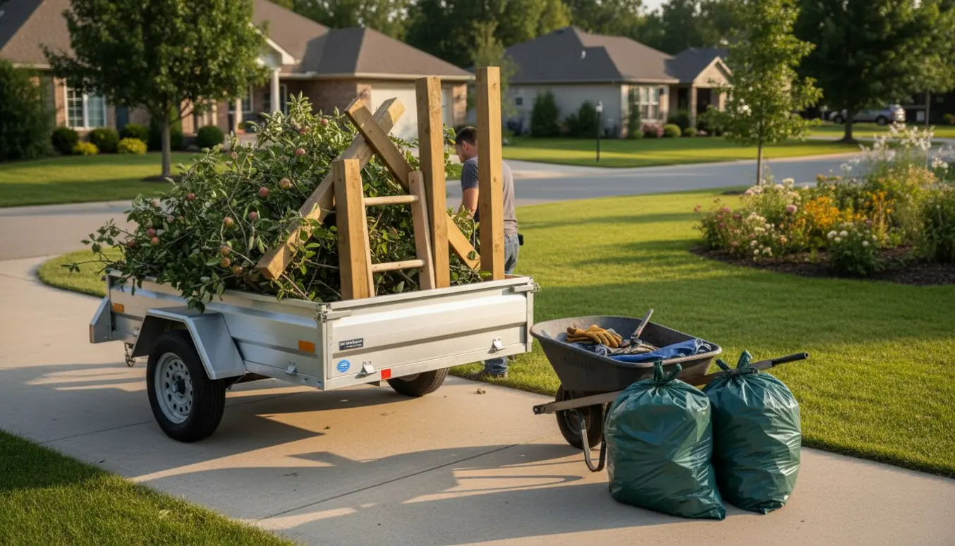 Trailer fyldt med æblegrene, afmonteret trælegeplatform og to sække græsaffald ved en have.