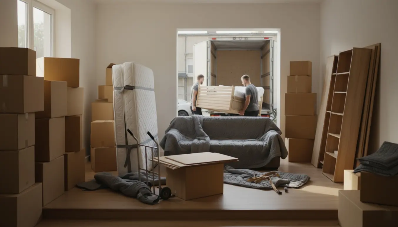 Flyttefolk bærer møbler og omkring 40–50 papkasser fra en stue ud til en flyttebil via et lille trin.