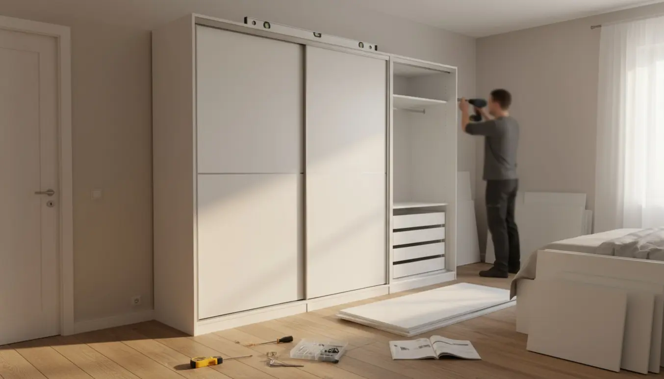 Partielt samlet hvidt garderobeskab i soveværelse med montør og værktøj, klar til fastgørelse til væggen.