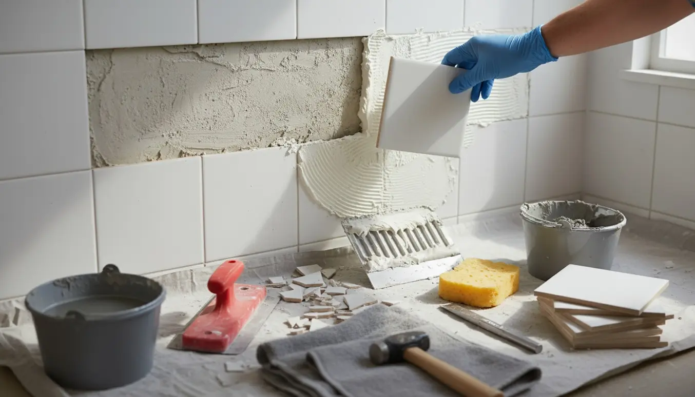 Nærbillede af udskiftning af seks hvide kvadratiske fliser på et badeværelse med handske, fliseklæb og fugeværktøj.