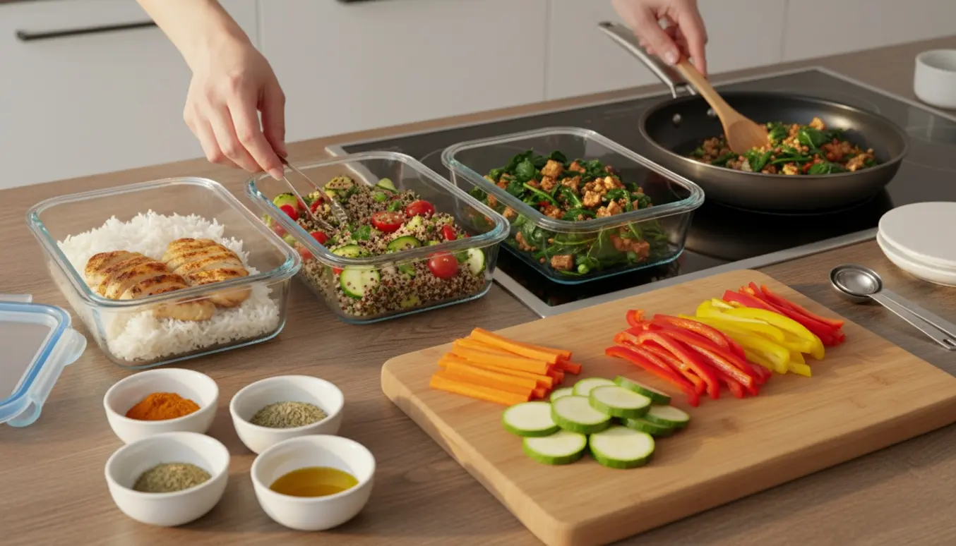 Hænder klargør tre enkeltportioner low-FODMAP-måltider i et lyst køkken med friske grøntsager og en pande.