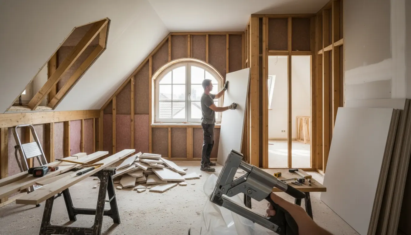 Loftsrum under renovering med nedrevet gips på skråvægge, synlige spærafters, dampspærre og Fermacell-plader klar til montering.