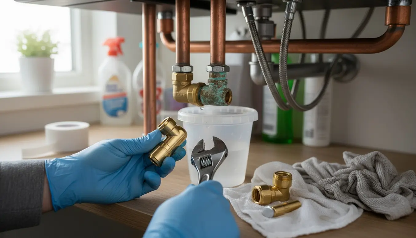 Hænder udskifter to vinklet ballofixventiler under en vask med skruenøgle og værktøj.