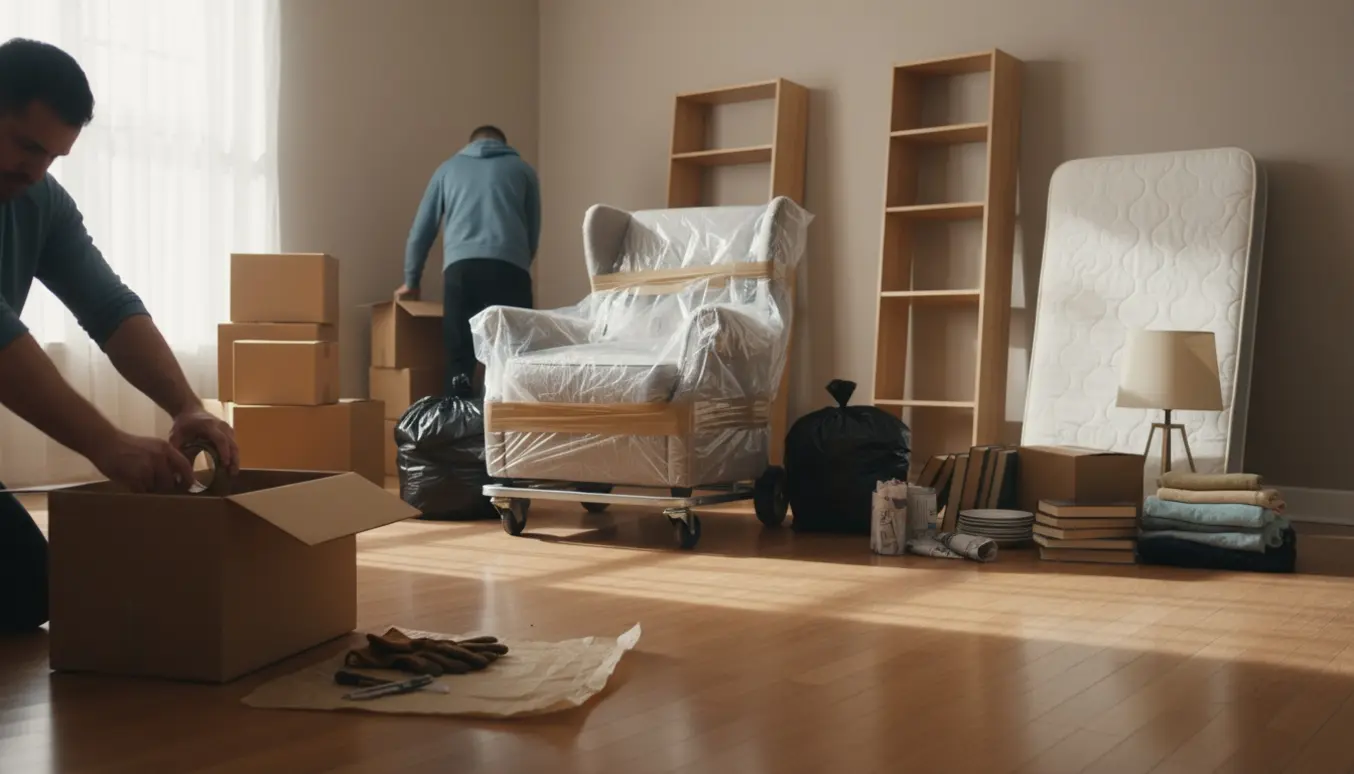 Person pakker og sorterer møbler og ejendele i en lys lejlighed klar til genbrugsstationen.