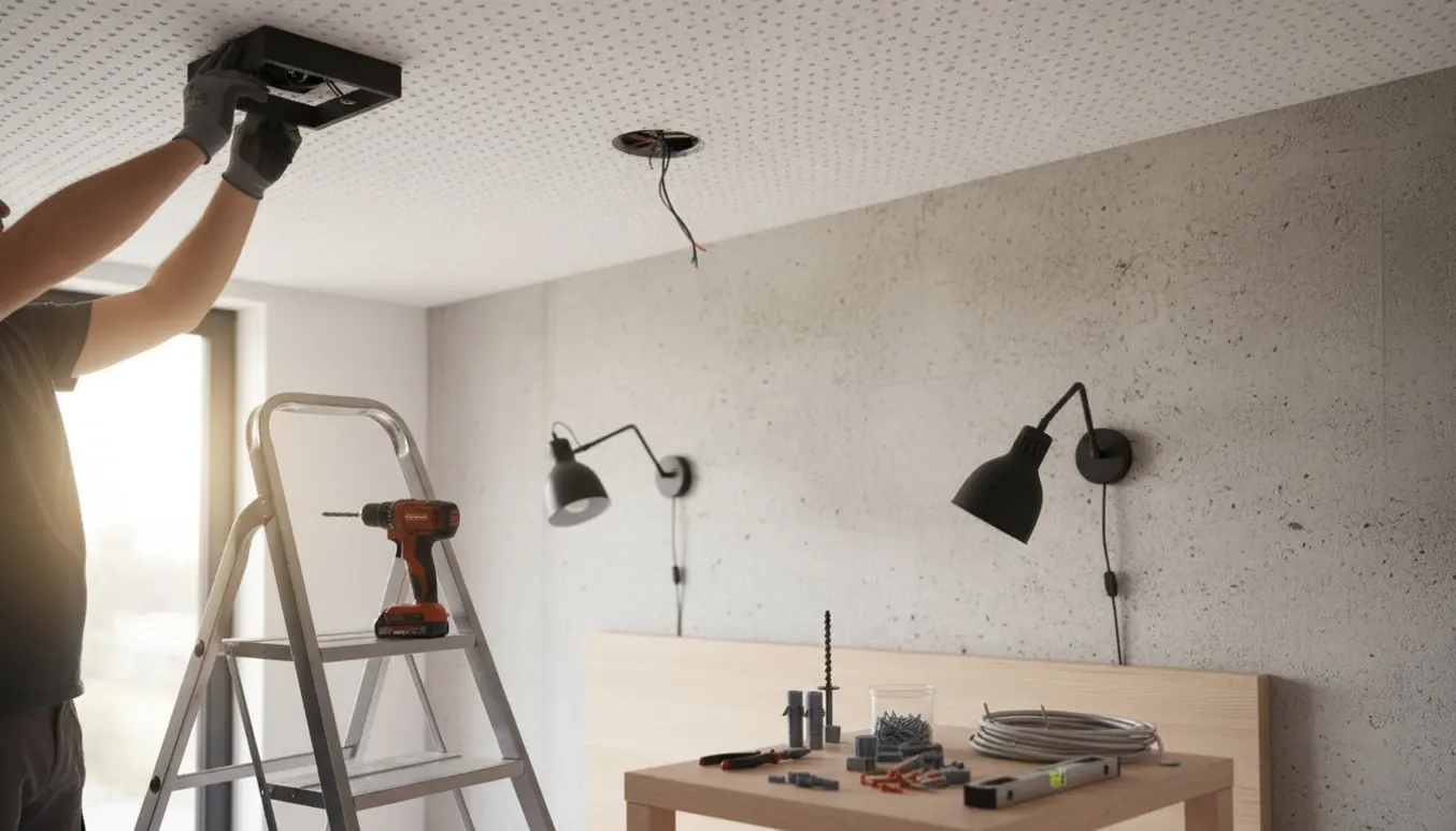 Montør monterer to loftslamper og to væglamper i et moderne soveværelse med gipsloft og gasbetonvæg.