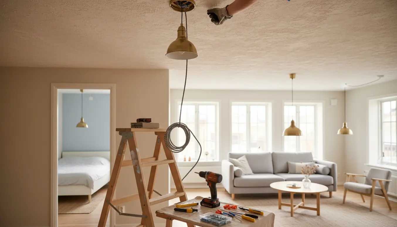 Nærbillede af installation af loftlampe i en lys stue med to ophængslamper og en i det tilstødende værelse.