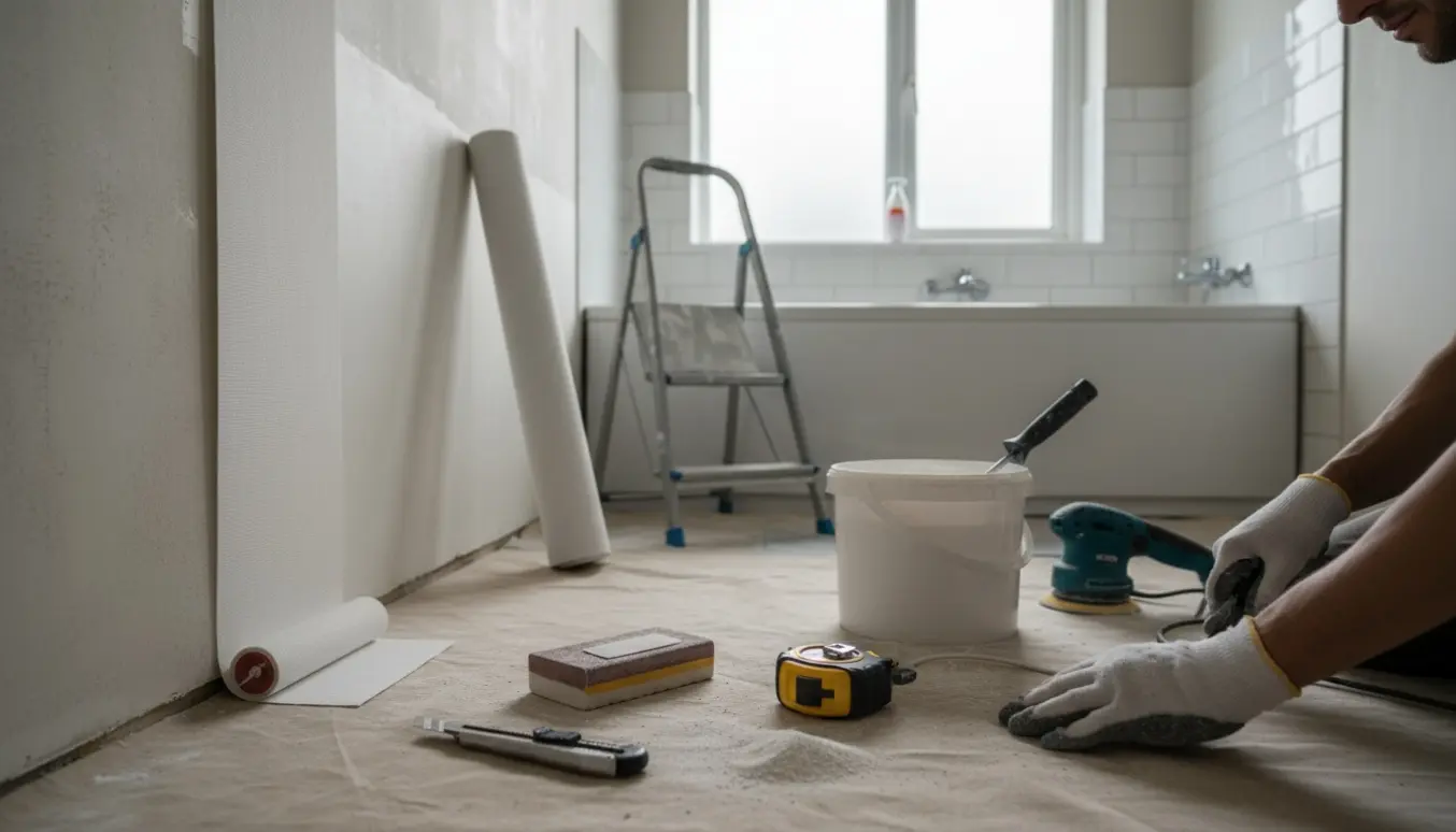 Hænder glatter filt op på en nymalet badeværelsesvæg under renovering.