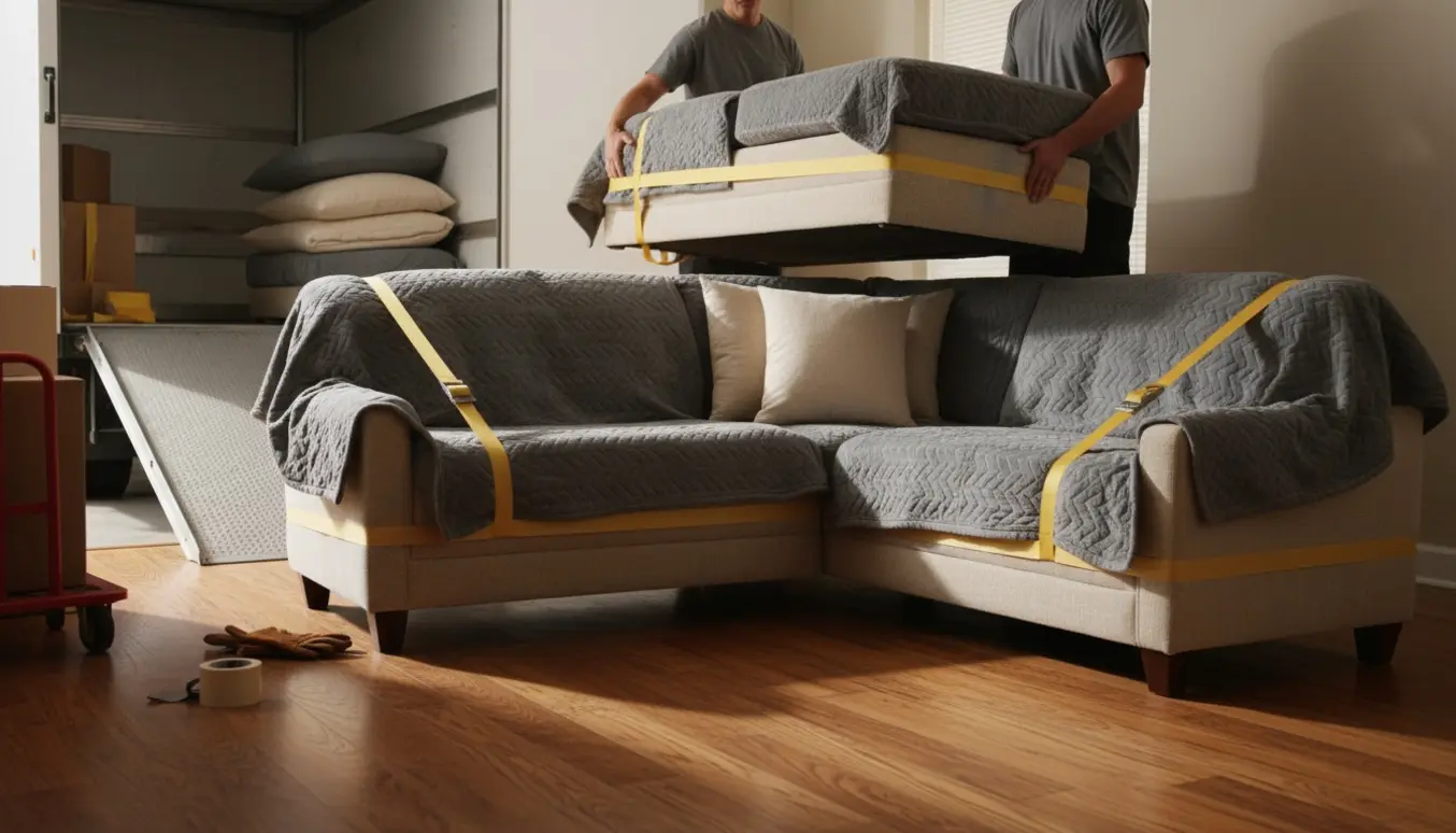 Løst indpakkede hjørnesofaafsnit og en lænestol foran en varevogn klar til transport.