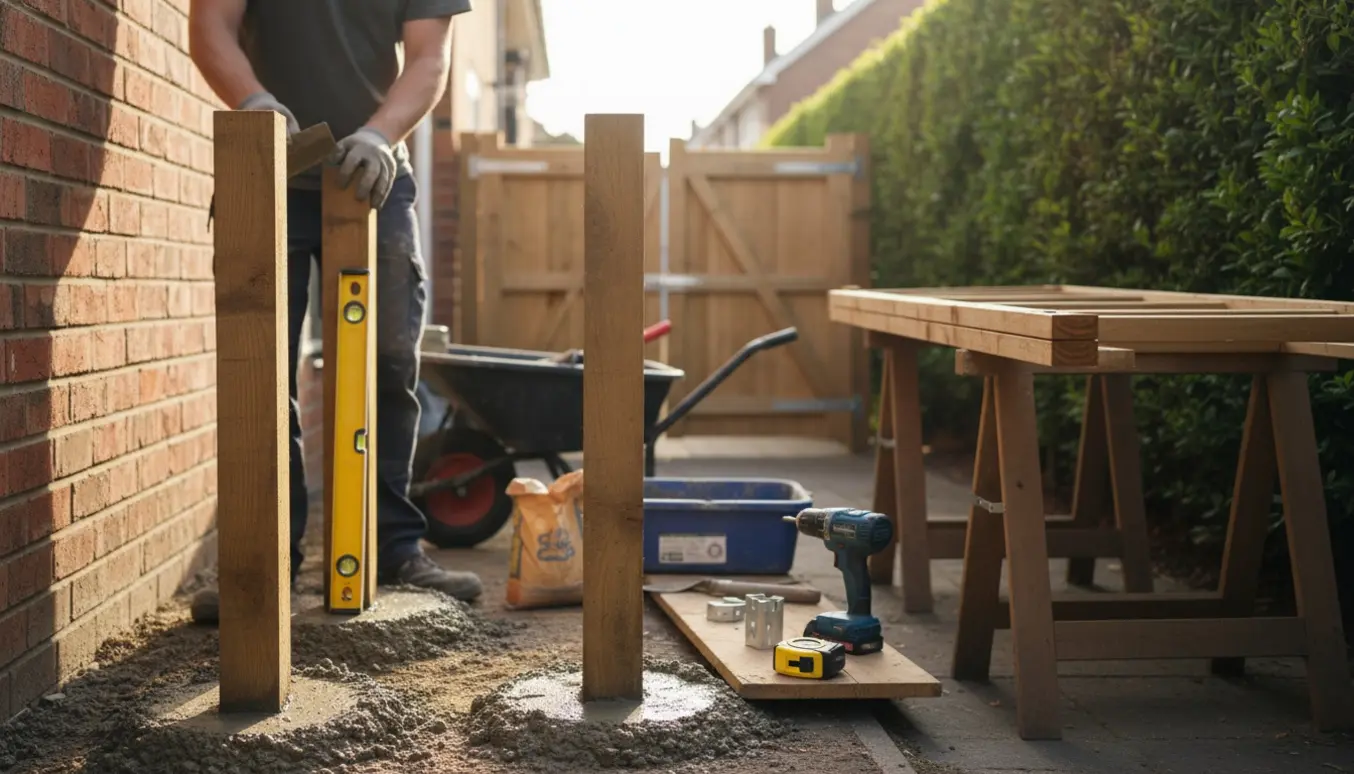 Tre nye træstolper sat i frisk beton i en smal baghave klar til nyt hegn og låge.