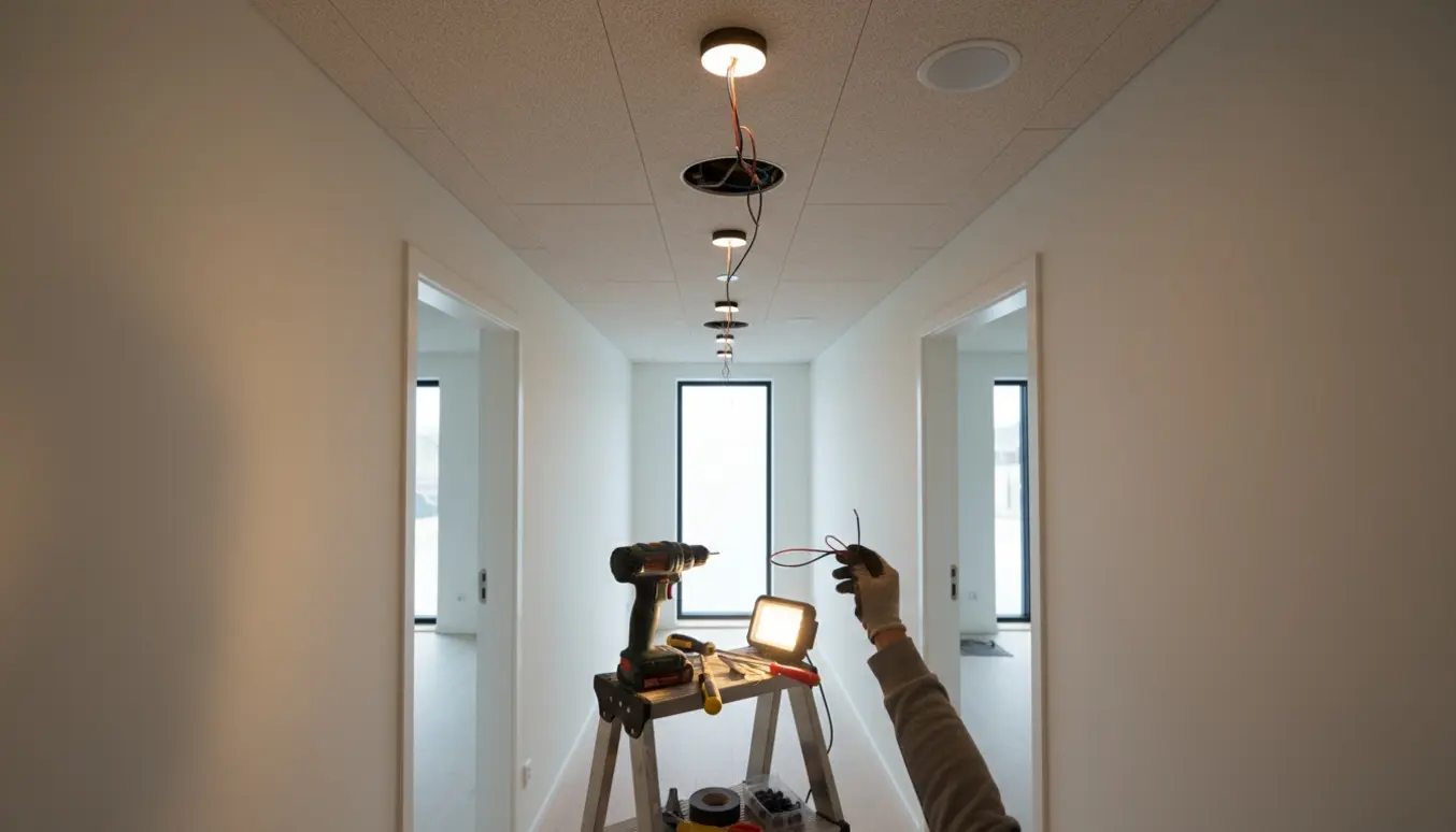 Montering af 5–6 lamper i et Troldtekt-loft med fokus på hænder, værktøj og tekstureret loft.