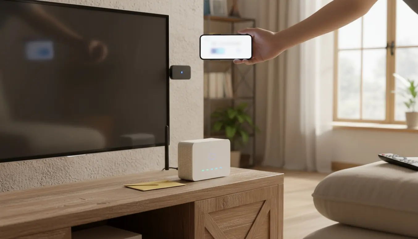 Hænder holder en smartphone foran et ældre LG-tv med en streaming-dongle og en fiber-router på en mediehylde.