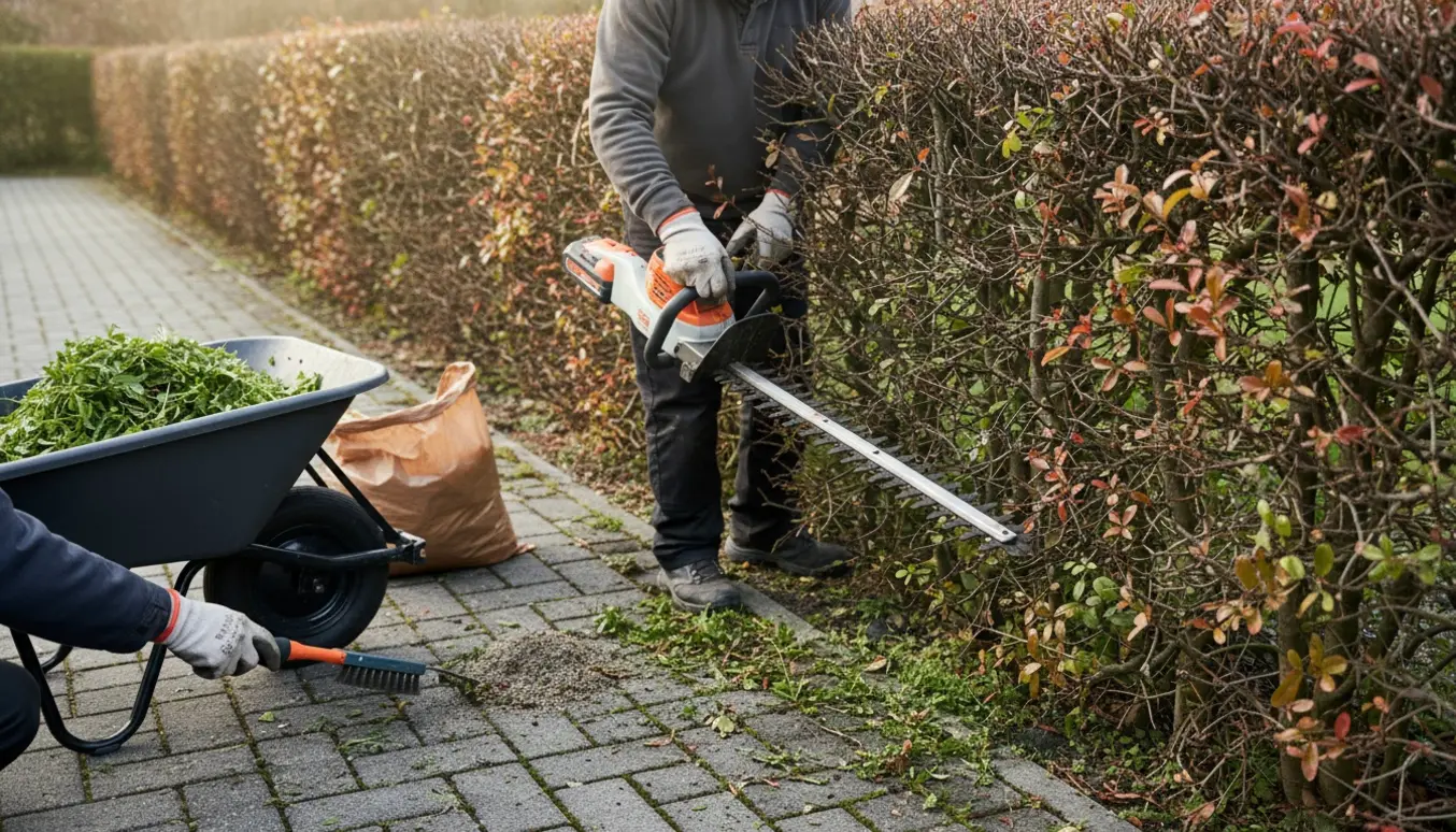 Tætklippet tjørnehæk ved en flisebelægning, ukrudt fjernes fra fugerne og afklip ligger i en trillebør.