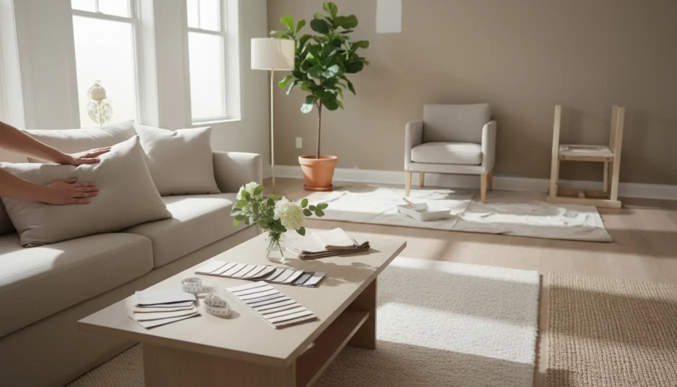 Lys, indrettet stue under klargøring til salg med hænder, der justerer en pude, farveprøver og malerudstyr.